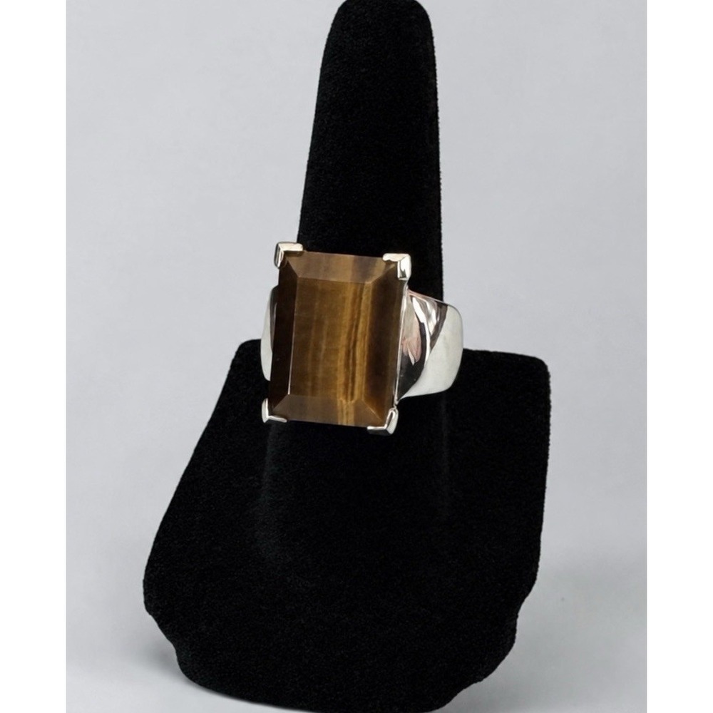 Large Tiger's Eye 925 Sterling Silver Statement Ring Size 6 Emerald Cut Vintage